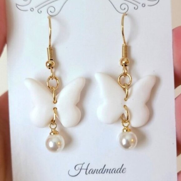 Ella and Chloe Jewelry - Gorgeous Gold Tone Boho White Butterfly Pearl Accent Summer Dangle Drop Earrings